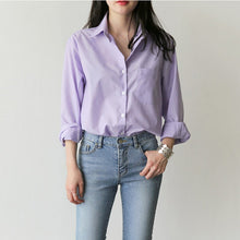 Load image into Gallery viewer, Spring Women Blouse Striped Turn-down Collar Office Lady Tops Full Sleeve Women Shirts Light Purple Fashion Female Tops blusas