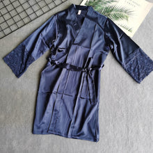 Load image into Gallery viewer, Women Silk Satin Short Night Robe Solid Kimono Robe Sexy Lace Trim Bathrobe Peignoir Bride Bridesmaid Robe Fashion Dressing Gown