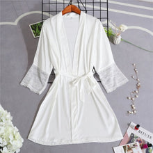 Load image into Gallery viewer, Women Silk Satin Short Night Robe Solid Kimono Robe Sexy Lace Trim Bathrobe Peignoir Bride Bridesmaid Robe Fashion Dressing Gown