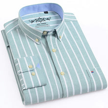 Load image into Gallery viewer, Men's Long Sleeve Oxford Plaid Striped Casual Shirt Front Patch Chest Pocket Regular-fit Button-down Collar Thick Work Shirts