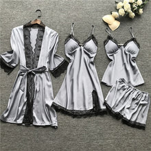 Load image into Gallery viewer, Plus Size 2XL 2019 Women Pajamas Sets Satin Sleepwear Silk 4 Pieces Nightwear Pyjama Spaghetti Strap Lace Sleep Lounge Pijama