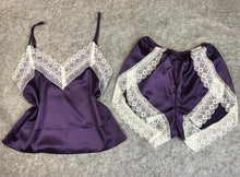 Load image into Gallery viewer, VLENATLNO Women's Sleepwear Sexy Satin Pajama Set White Lace V-Neck Pyjamas Sleeveless Cute Cami Top and Shorts