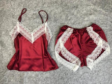 Load image into Gallery viewer, VLENATLNO Women's Sleepwear Sexy Satin Pajama Set White Lace V-Neck Pyjamas Sleeveless Cute Cami Top and Shorts