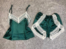 Load image into Gallery viewer, VLENATLNO Women's Sleepwear Sexy Satin Pajama Set White Lace V-Neck Pyjamas Sleeveless Cute Cami Top and Shorts