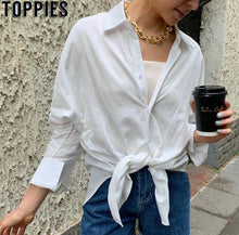Load image into Gallery viewer, Toppies white cotton linen tops blouses korean long sleeve khaki shirts drawstring waist oversized tops 2020