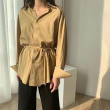 Load image into Gallery viewer, Toppies white cotton linen tops blouses korean long sleeve khaki shirts drawstring waist oversized tops 2020