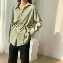 Load image into Gallery viewer, Toppies white cotton linen tops blouses korean long sleeve khaki shirts drawstring waist oversized tops 2020