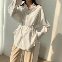 Load image into Gallery viewer, Toppies white cotton linen tops blouses korean long sleeve khaki shirts drawstring waist oversized tops 2020