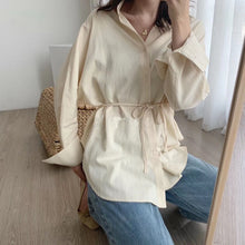 Load image into Gallery viewer, Toppies white cotton linen tops blouses korean long sleeve khaki shirts drawstring waist oversized tops 2020