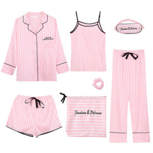 Load image into Gallery viewer, JULY'S SONG Pink Women's 7 Pieces Pajamas Sets Emulation Silk Striped Pyjama Women Sleepwear Sets Spring Summer Autumn Homewear