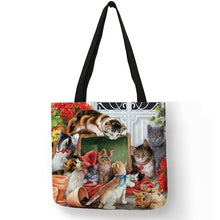 Load image into Gallery viewer, Oil Painting Cat Print Women Tote Bags Linen Reusable Shopping Bag Shoulder Bags for Women 2019 sac a main ladies handbags