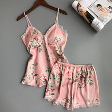 Load image into Gallery viewer, Conjunto de pijama QWEEK para dormir, pijama Sexy de satén para mujer, pijama de verano para mujer, pijama con flores a la moda para mujer con almohadilla para el pecho