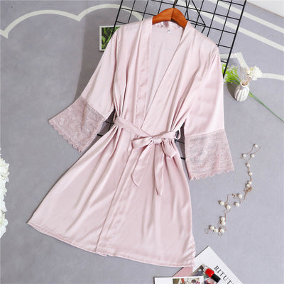 Women Silk Satin Short Night Robe Solid Kimono Robe Sexy Lace Trim Bathrobe Peignoir Bride Bridesmaid Robe Fashion Dressing Gown