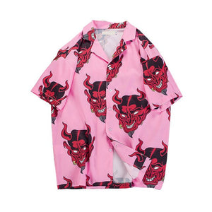 Devil Full Printing Turn-down Collar Casual Shirts Men 2018 Summer High Street Men's Shirts Pink /Purple