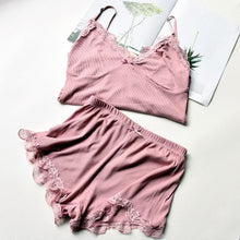 Load image into Gallery viewer, Two Piece Cotton Pajama Set Sexy Lace Top And Shorts Pyjamas Spaghetti Strap Sleepwear High Elastic Pijama Nightie Home Clothes
