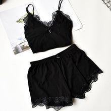 Load image into Gallery viewer, Two Piece Cotton Pajama Set Sexy Lace Top And Shorts Pyjamas Spaghetti Strap Sleepwear High Elastic Pijama Nightie Home Clothes

