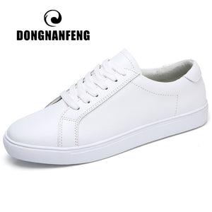 DONGNANFENG Women Female Ladies Girl Student Genuine Leather White Shoes Flats Lace Up Soft Vulcanized Shoes Korean 35-40 MF-863