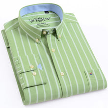 Load image into Gallery viewer, Men&#39;s Long Sleeve Oxford Plaid Striped Casual Shirt Front Patch Chest Pocket Regular-fit Button-down Collar Thick Work Shirts
