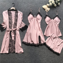 Load image into Gallery viewer, Plus Size 2XL 2019 Women Pajamas Sets Satin Sleepwear Silk 4 Pieces Nightwear Pyjama Spaghetti Strap Lace Sleep Lounge Pijama
