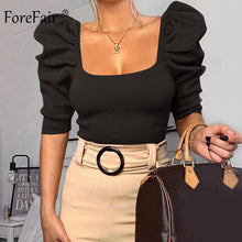 Load image into Gallery viewer, Forefair Vintage Puff Sleeve Women Blouse Square Neck Korean Style Tops Elegant Sexy White Black Slim Crop Blouse Women
