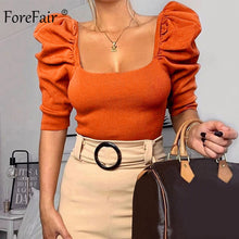 Load image into Gallery viewer, Forefair Vintage Puff Sleeve Women Blouse Square Neck Korean Style Tops Elegant Sexy White Black Slim Crop Blouse Women
