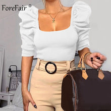 Load image into Gallery viewer, Forefair Vintage Puff Sleeve Women Blouse Square Neck Korean Style Tops Elegant Sexy White Black Slim Crop Blouse Women
