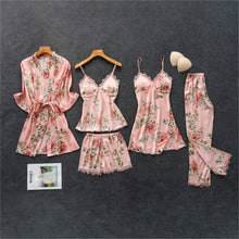Load image into Gallery viewer, Daeyard Women&#39;s Pajamas Silk Floral Overall Print 5Pcs Pajama Set Satin Pyjamas Sexy Lace Pijama Nightie Sleepwear Home Clothes
