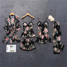 Load image into Gallery viewer, Daeyard Women&#39;s Pajamas Silk Floral Overall Print 5Pcs Pajama Set Satin Pyjamas Sexy Lace Pijama Nightie Sleepwear Home Clothes
