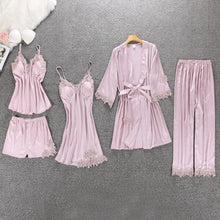 Load image into Gallery viewer, Daeyard Women&#39;s Pajamas Silk Floral Overall Print 5Pcs Pajama Set Satin Pyjamas Sexy Lace Pijama Nightie Sleepwear Home Clothes

