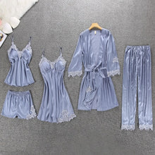 Load image into Gallery viewer, Daeyard Women&#39;s Pajamas Silk Floral Overall Print 5Pcs Pajama Set Satin Pyjamas Sexy Lace Pijama Nightie Sleepwear Home Clothes
