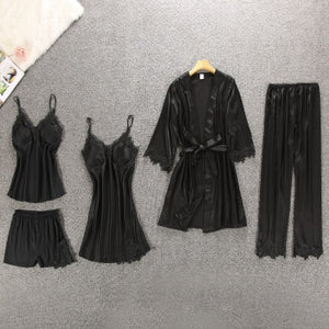 Daeyard Women's Pajamas Silk Floral Overall Print 5Pcs Pajama Set Satin Pyjamas Sexy Lace Pijama Nightie Sleepwear Home Clothes