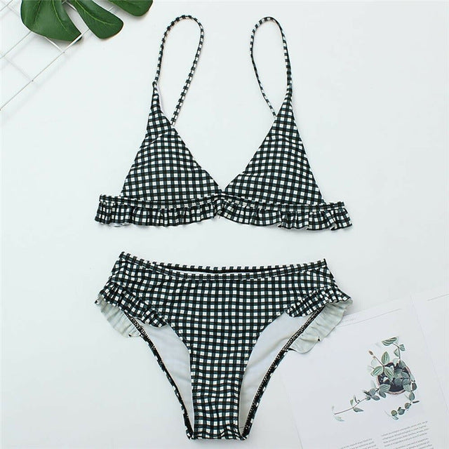 Sexy Plaid Bikini 2019 Red Green Plaid Bathing Suits Swimwear Ruffles Push Up Triangle Swimsuits Beachwear Women Swimming Suits