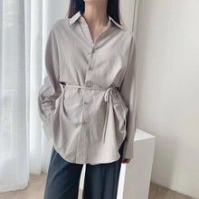 Load image into Gallery viewer, Toppies white cotton linen tops blouses korean long sleeve khaki shirts drawstring waist oversized tops 2020
