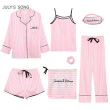 Load image into Gallery viewer, JULY&#39;S SONG Pink Women&#39;s 7 Pieces Pajamas Sets Emulation Silk Striped Pyjama Women Sleepwear Sets Spring Summer Autumn Homewear
