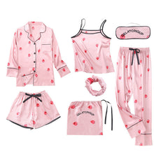Load image into Gallery viewer, JULY&#39;S SONG Pink Women&#39;s 7 Pieces Pajamas Sets Emulation Silk Striped Pyjama Women Sleepwear Sets Spring Summer Autumn Homewear
