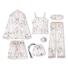 Load image into Gallery viewer, JULY&#39;S SONG Pink Women&#39;s 7 Pieces Pajamas Sets Emulation Silk Striped Pyjama Women Sleepwear Sets Spring Summer Autumn Homewear
