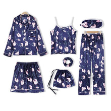 Load image into Gallery viewer, JULY&#39;S SONG Pink Women&#39;s 7 Pieces Pajamas Sets Emulation Silk Striped Pyjama Women Sleepwear Sets Spring Summer Autumn Homewear
