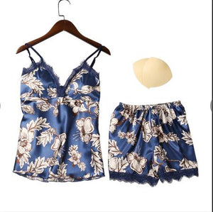 Conjunto de pijama QWEEK para dormir, pijama Sexy de satén para mujer, pijama de verano para mujer, pijama con flores a la moda para mujer con almohadilla para el pecho