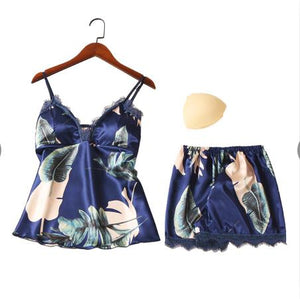 Conjunto de pijama QWEEK para dormir, pijama Sexy de satén para mujer, pijama de verano para mujer, pijama con flores a la moda para mujer con almohadilla para el pecho