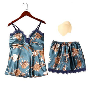 Conjunto de pijama QWEEK para dormir, pijama Sexy de satén para mujer, pijama de verano para mujer, pijama con flores a la moda para mujer con almohadilla para el pecho