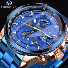 Load image into Gallery viewer, Forsining Rose Golden Case BlueSteel 3 Dial Multifunction Mens Business Sport Automatic Mechanical Wrist Watch Top Brand Luxury
