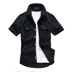 Casual Shirt Men Summer 100% Cotton Breathable Mens Shirts Military Army Solid Short Sleeve Cargo Chemise Homme Plus Size M-4XL